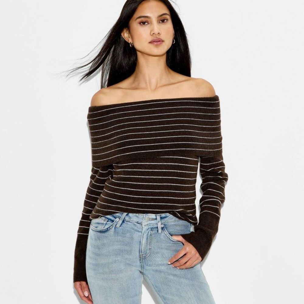 Women's Off the Shoulder Pullover Sweater - Wild Fable Brown Striped S